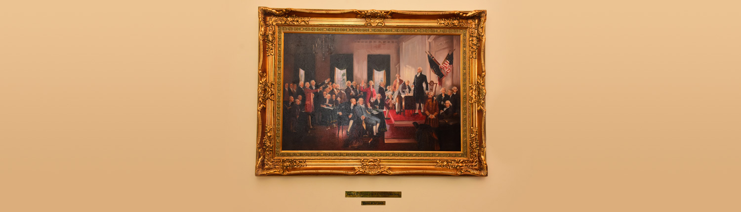 Original impressionist painting of signing of the Constitution of USA, adding historical charm to destination wedding venues.