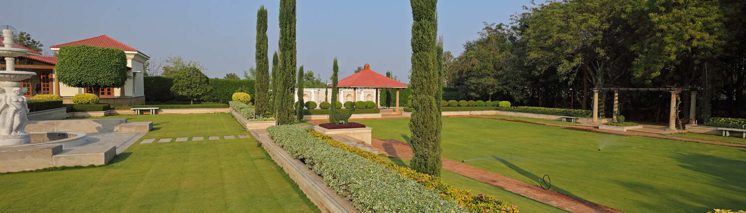 Various RajKamal Palace lawns offer seating for up to 200 for corporate events, an ideal setting for wedding venues outside.